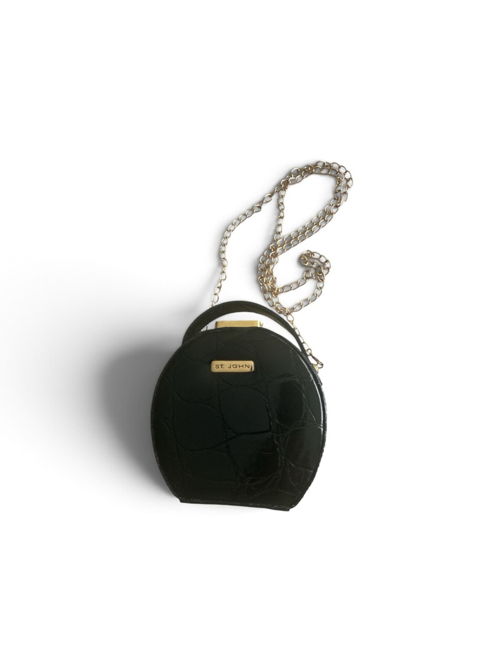 St. John Black Croc-Embossed Round Top-Handle Mini Bag with Gold Chain - Picture 7 of 8